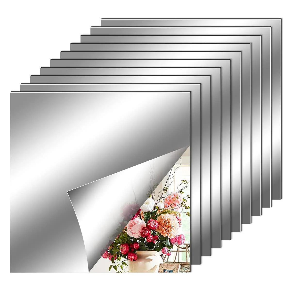 Ten square silver mirror sheets with protective film on a white surface