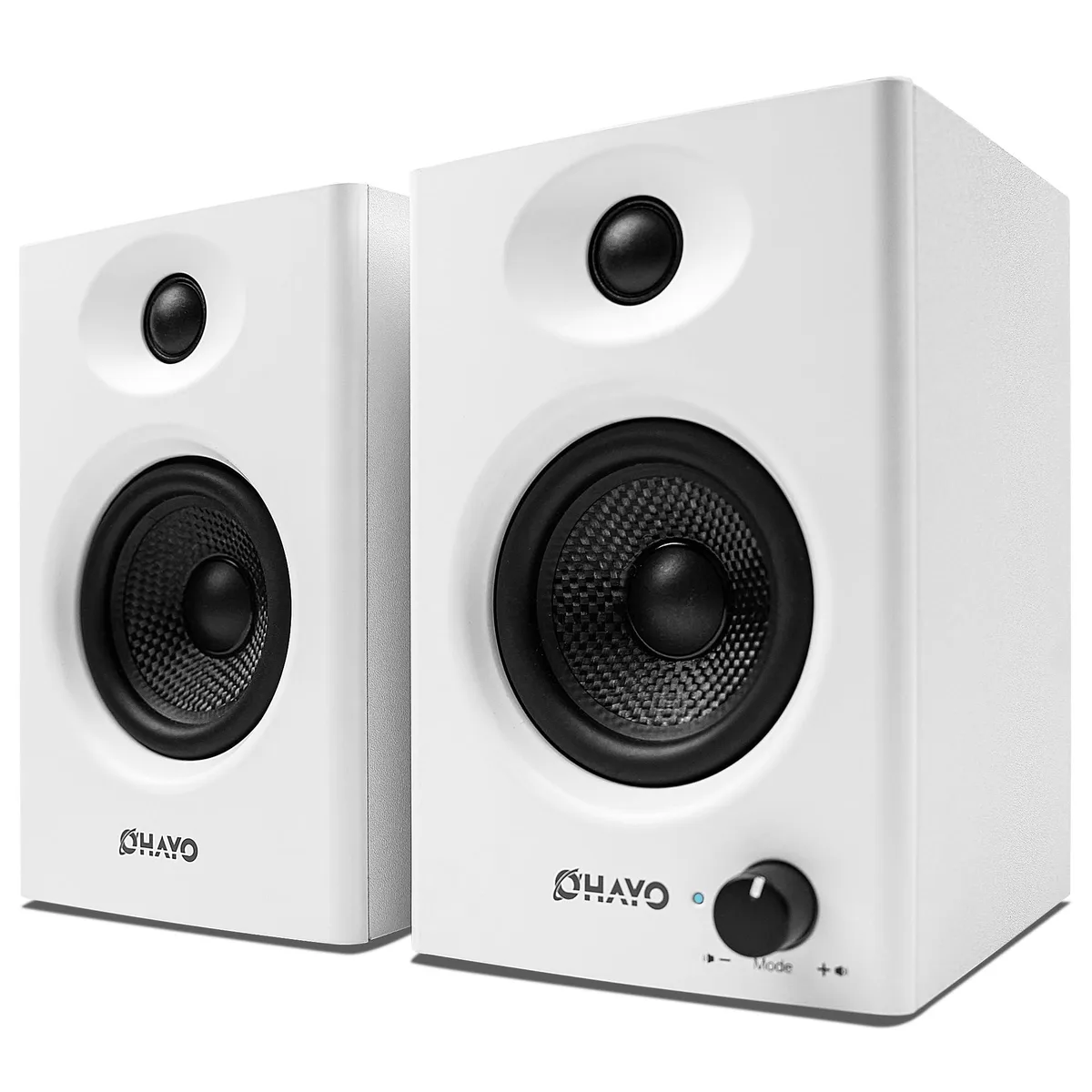 A pair of compact white bookshelf speakers with wooden cabinets and front volume knob
