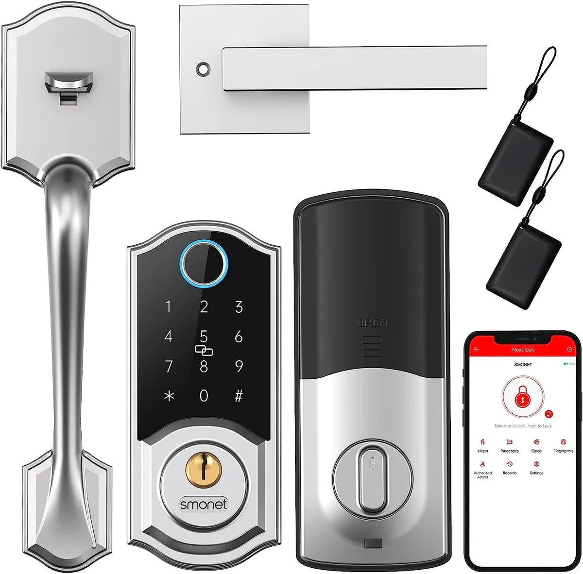 SMONET SMONET A1-SIL smart door lock Silver fingerprint .3 sec 250 prints 300 codes 1000 IC cards 10 min install — product photo