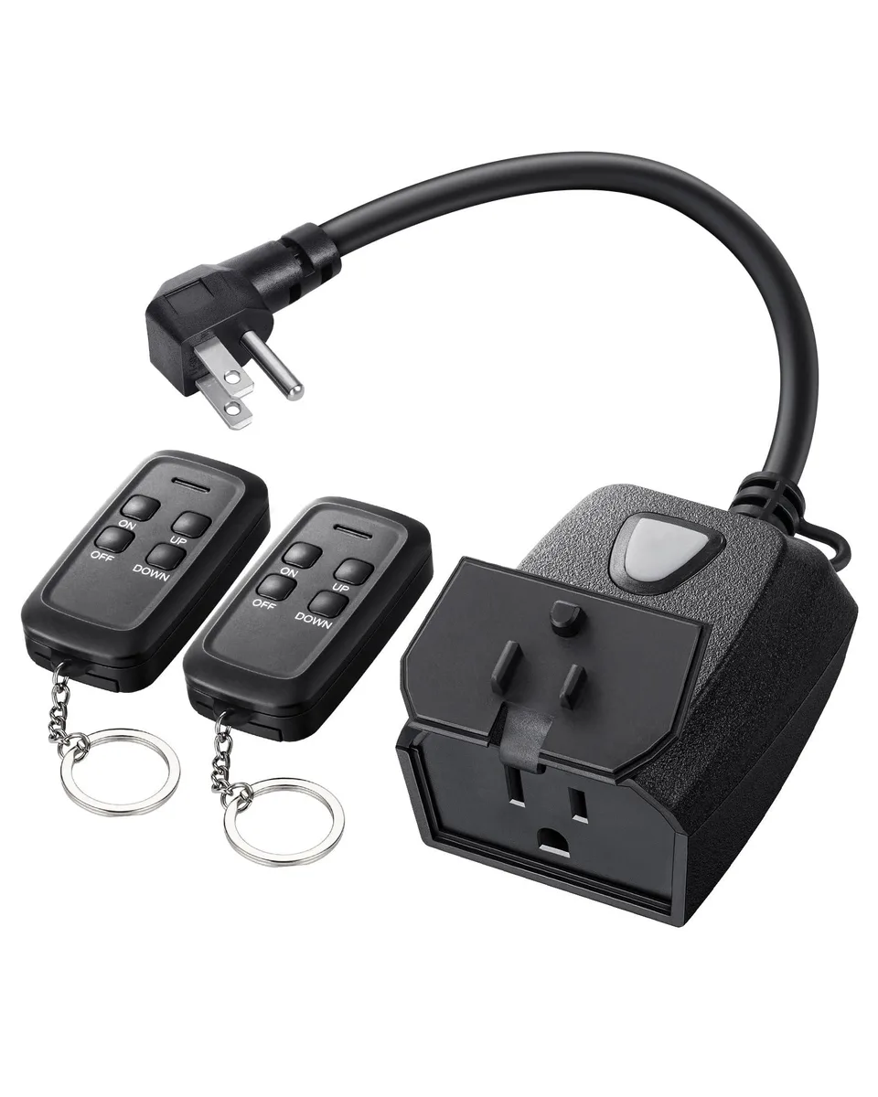 White outdoor dimmer plug with two handheld remotes