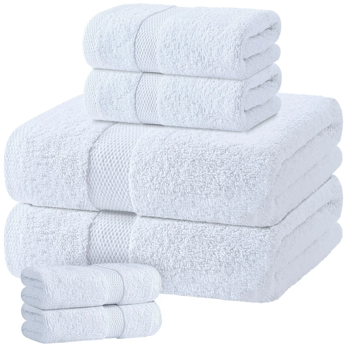 White cotton towel set, six pieces folded flat