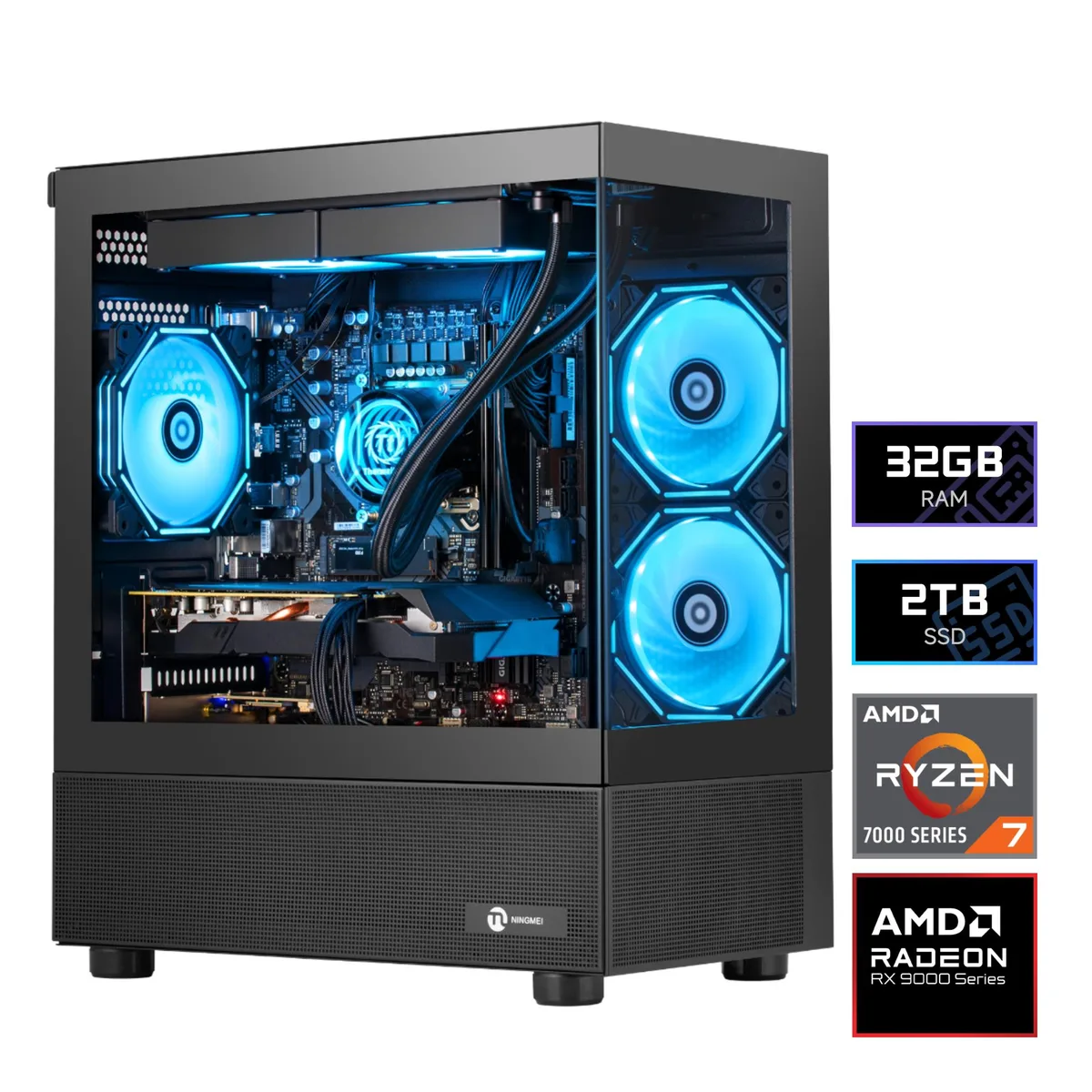 NINGMEI NINGMEI Gaming PC Ryzen 7 7800X3D RX 9070 XT 16GB 32GB DDR5 2TB NVMe White — product photo