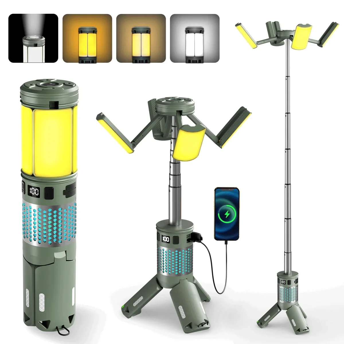 Black telescopic camping lantern with magnetic base, extended to 35 inches, collapsible design, IPX5 waterproof rating