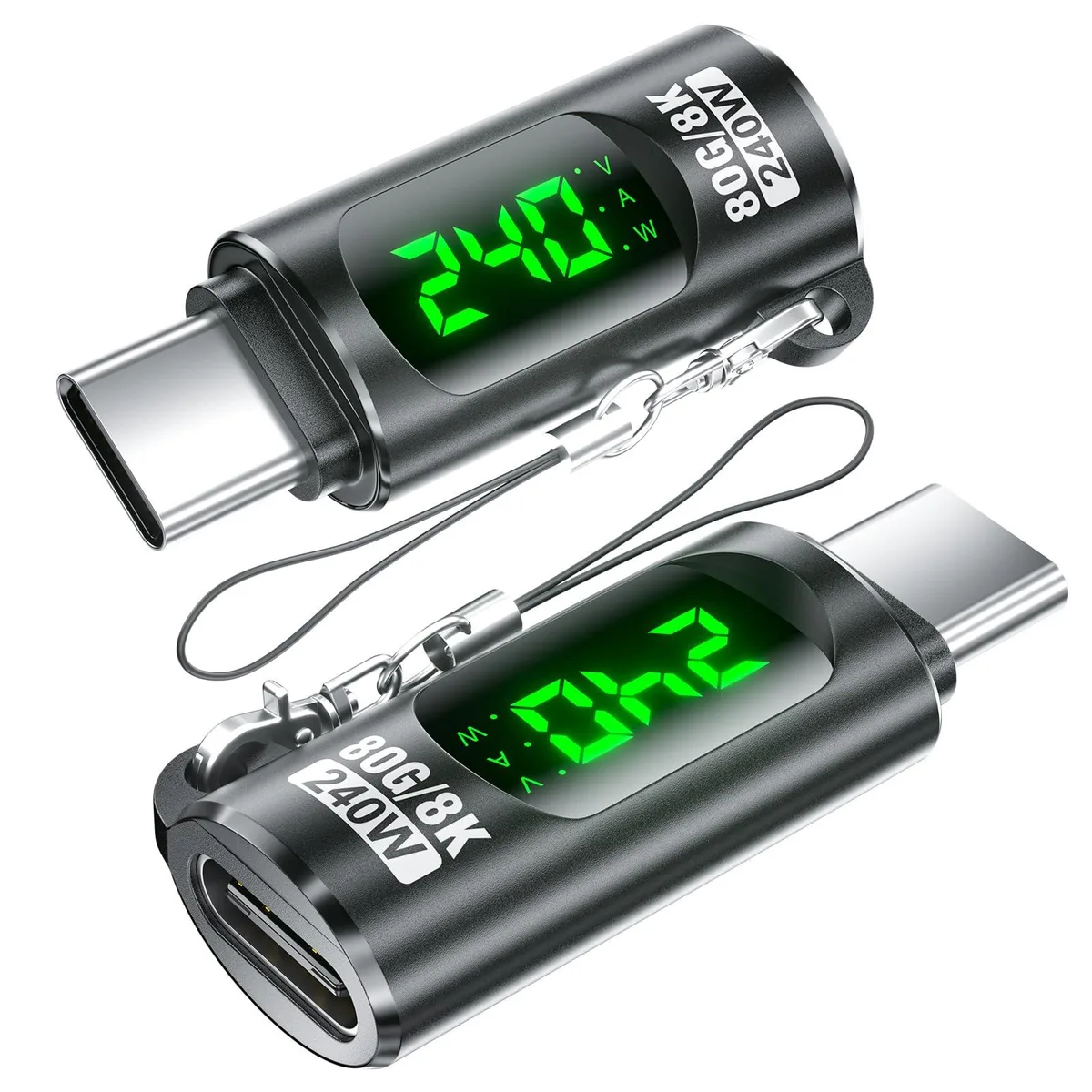Two green USB-C power meter testers with LED displays