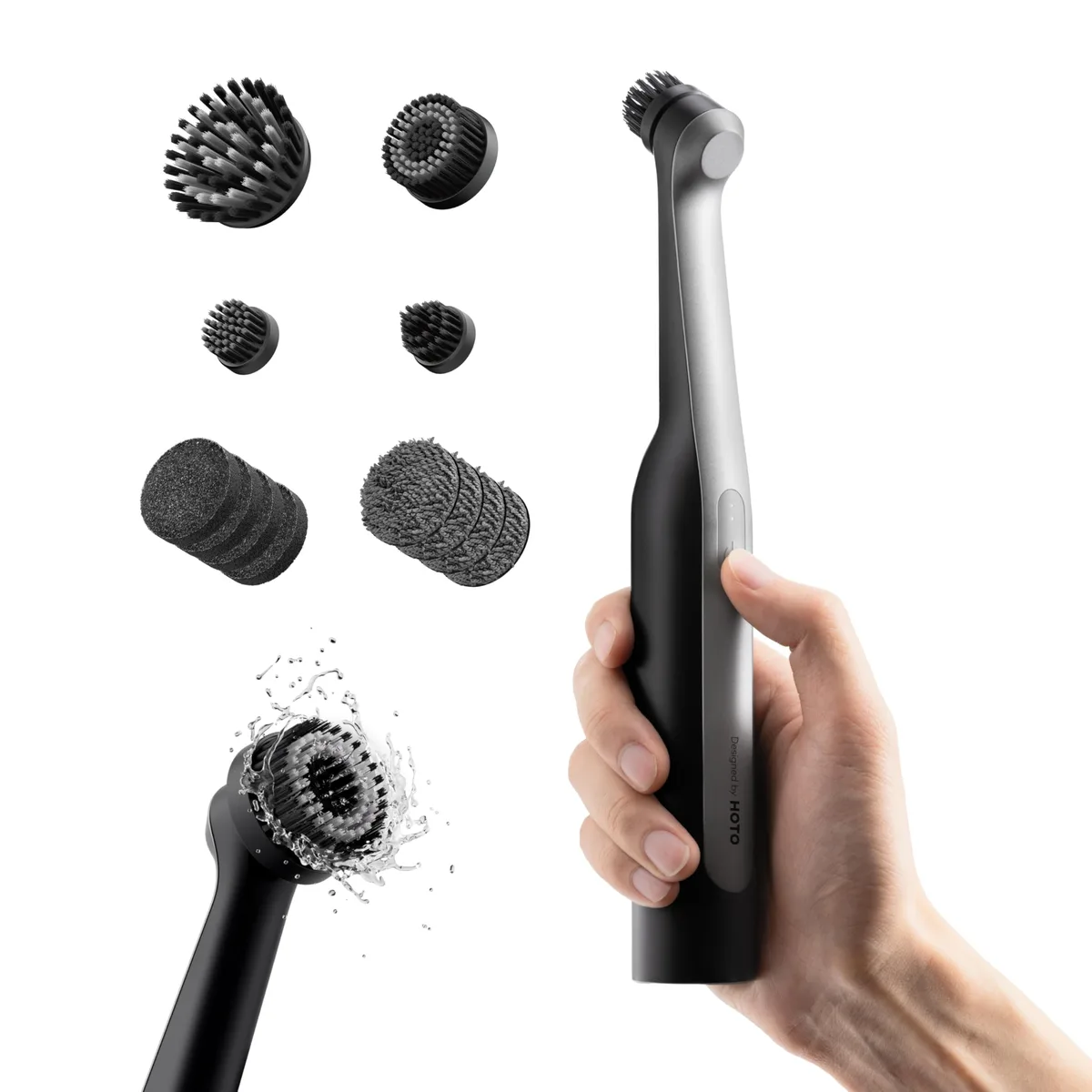 White cordless spin scrubber with 12 brush heads, IPX7 waterproof, 26.8 cm tall