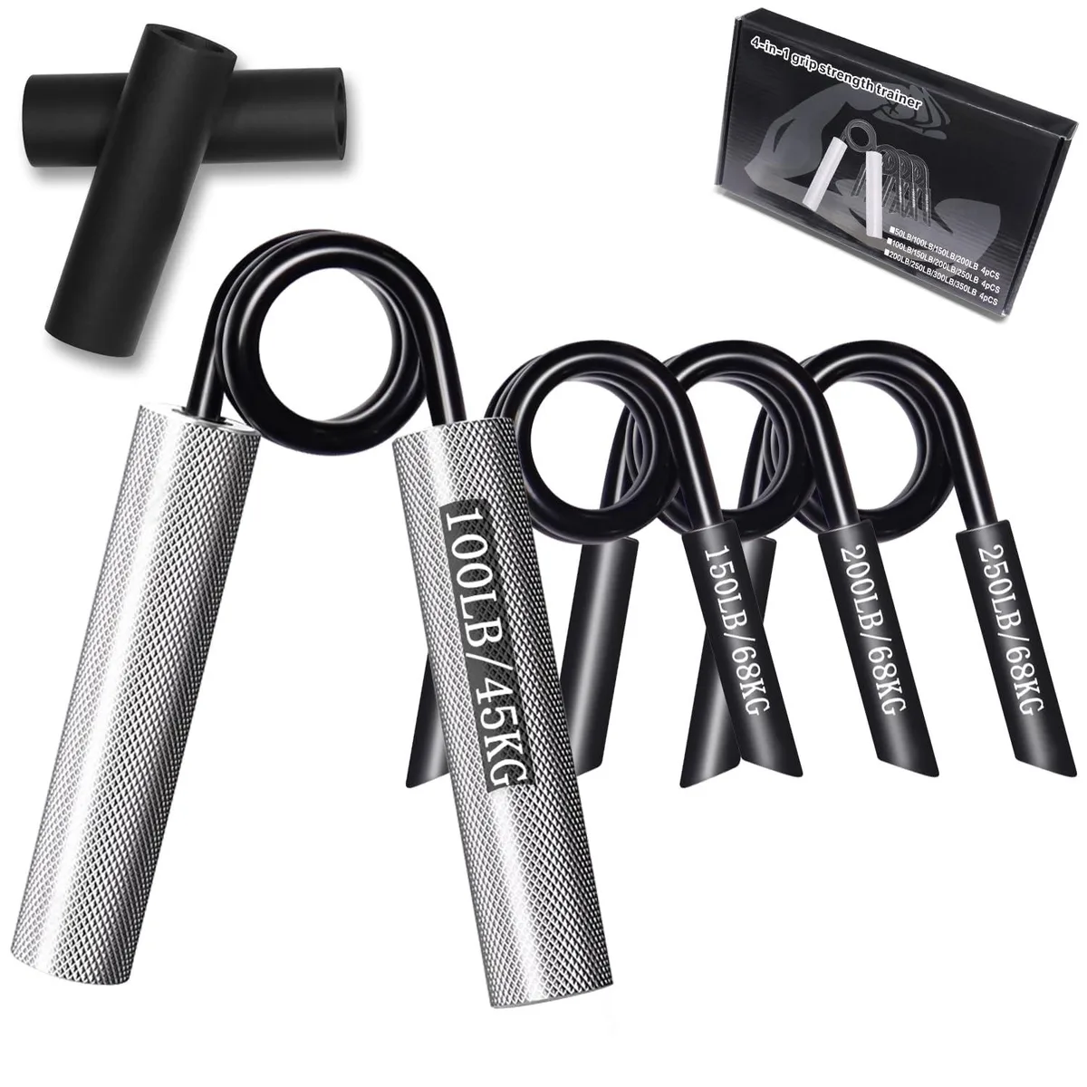Four black metal hand grippers with knurled handles in a set