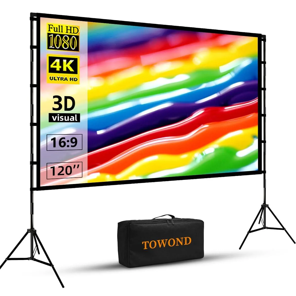  Towond 120 inch Projector Screen with Stand 16:9 4K HD Foldable Anti-Crease Portable Indoor Outdoor 8.2 lb — product photo