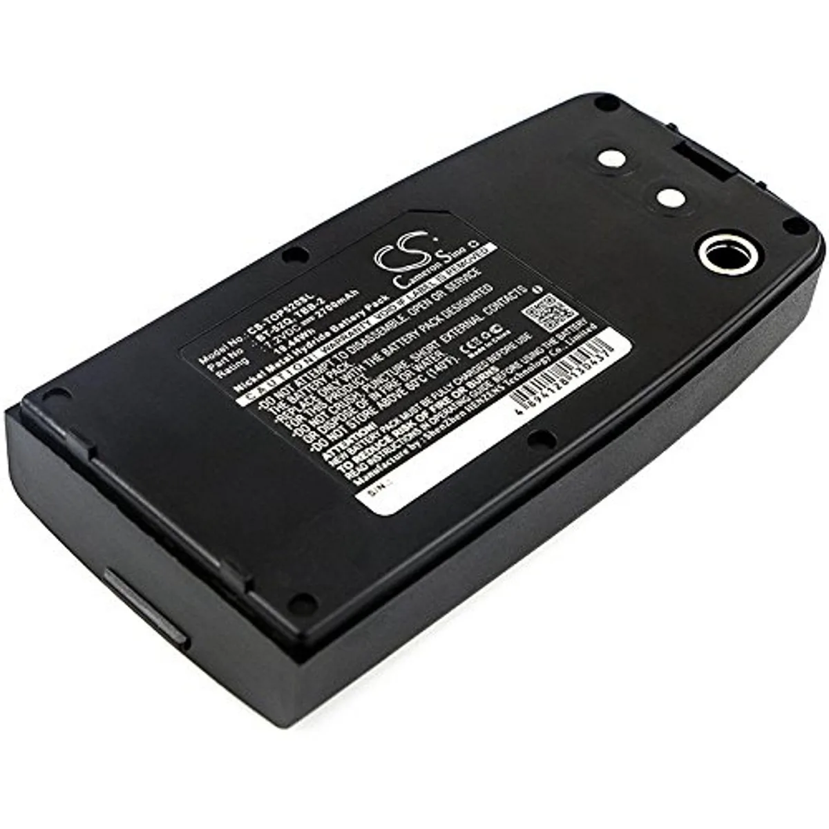 Rectangular grey battery pack with labelled side and connector end