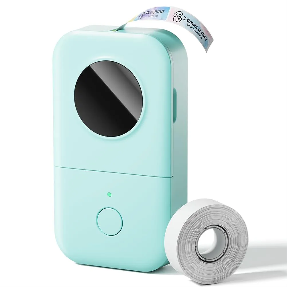 Compact green thermal label printer with Bluetooth and rechargeable battery