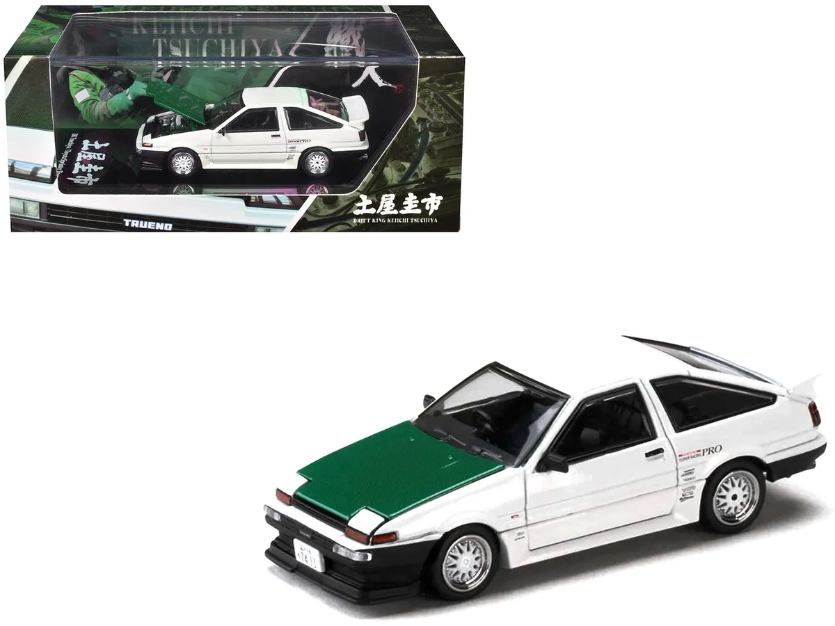 HOBBY JAPAN HOBBY JAPAN Toyota Sprinter Trueno AE86 RHD Keiichi Tsuchiya White Green Carbon Hood 1/64 Diecast — product photo
