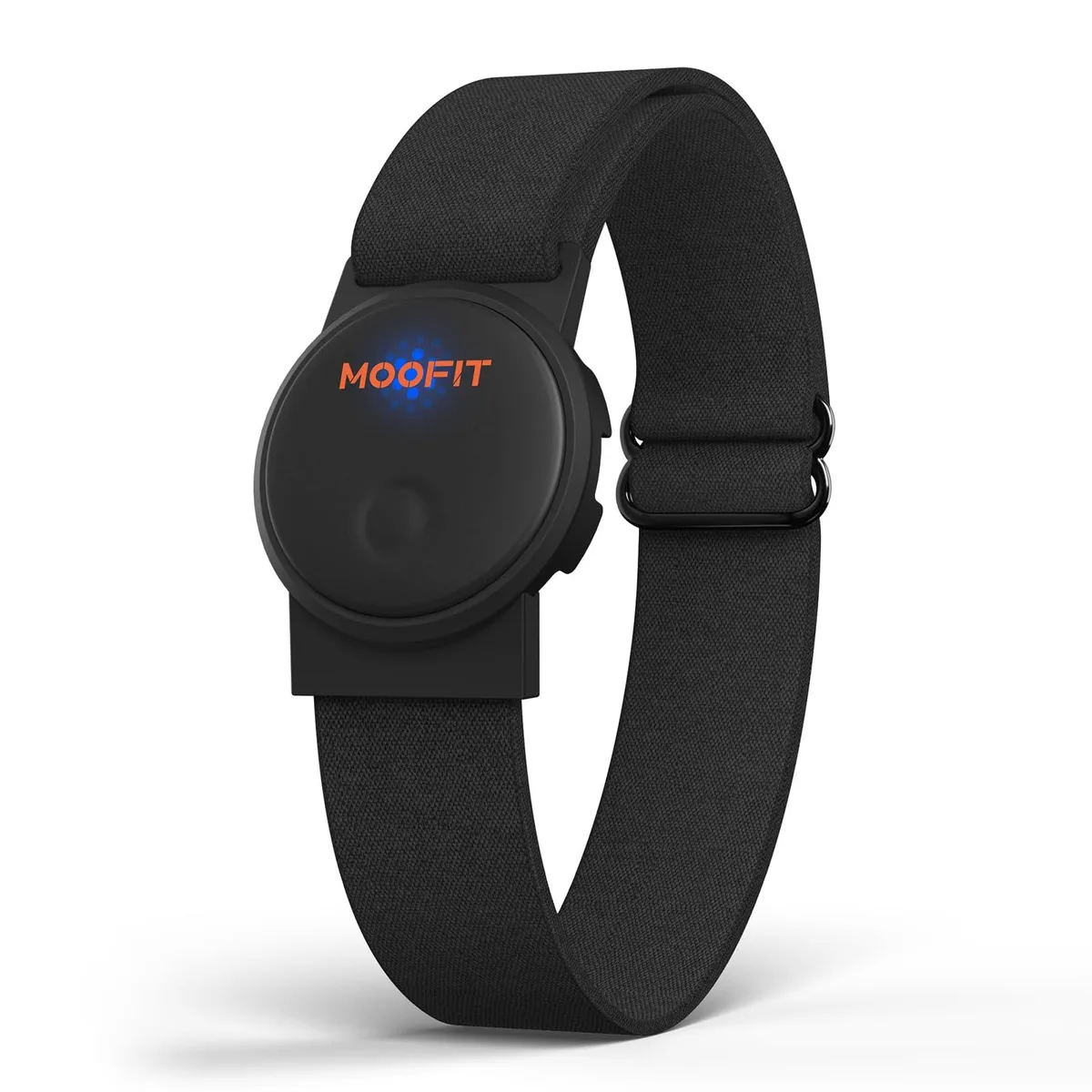 Black optical heart-rate sensor on adjustable armband, matte ABS shell, magnetic charging cable included