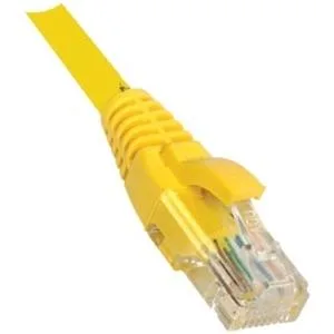 Yellow shielded Cat6a patch cable with booted RJ45 connectors, 7 ft length