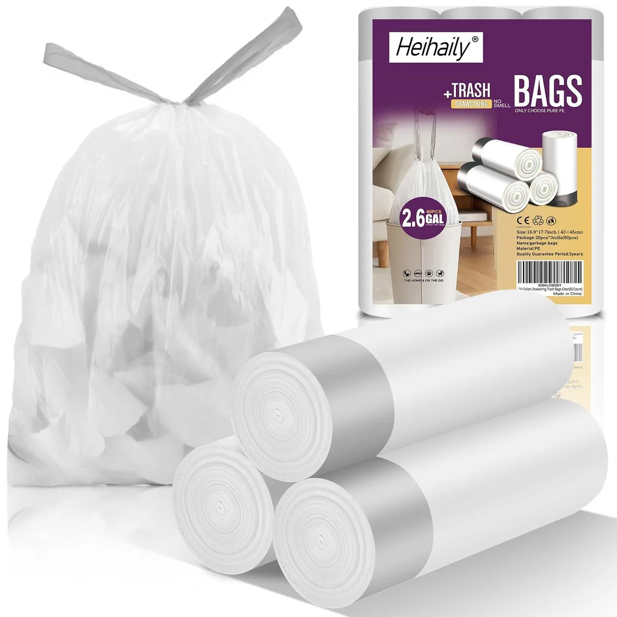 Box of 60 white drawstring trash bags 2.6 gallon capacity