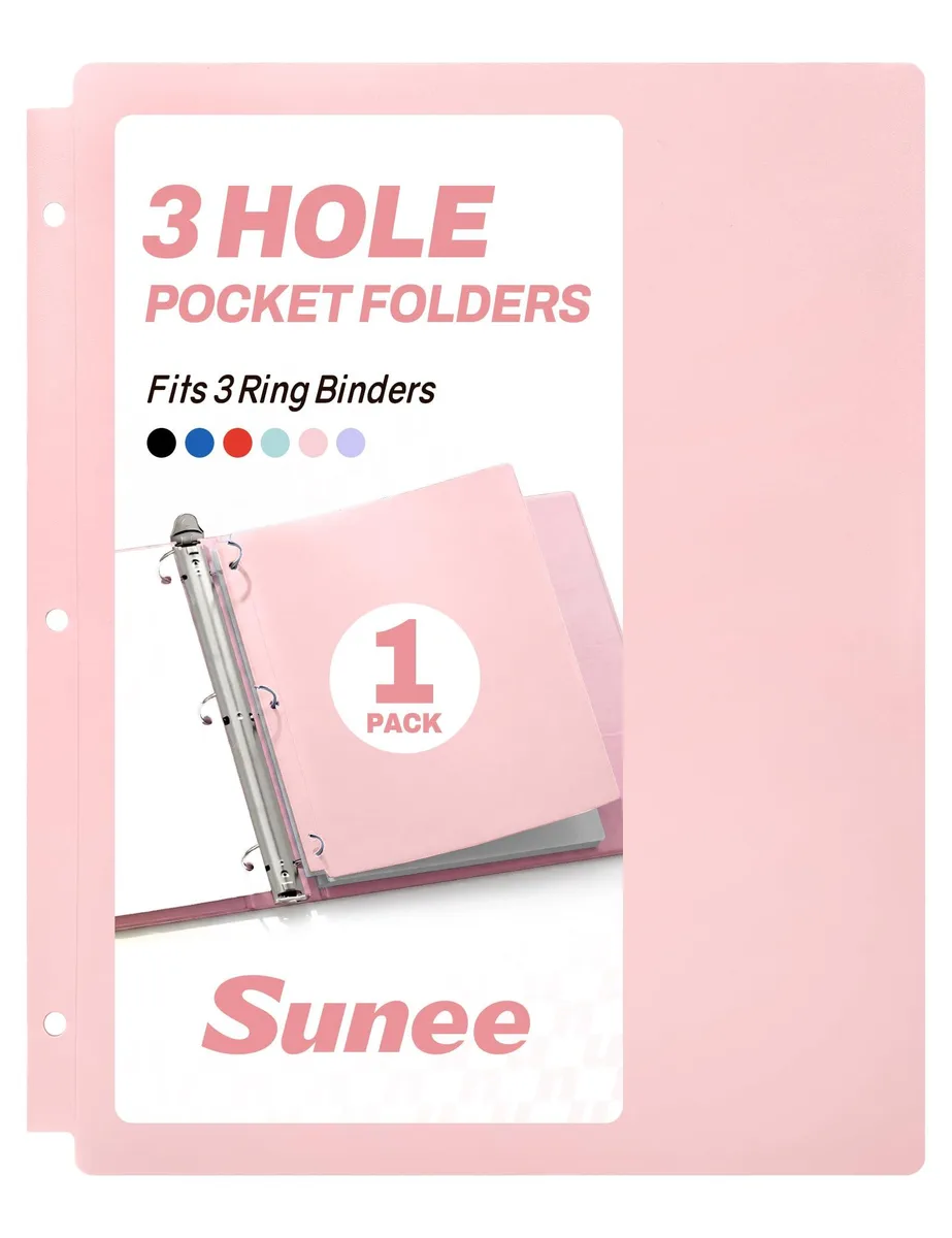 Pink plastic 3-hole pocket folder with two pockets for letter-size paper