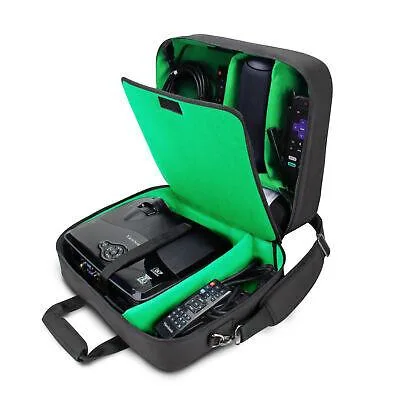 Green padded projector case with shoulder strap and custom dividers