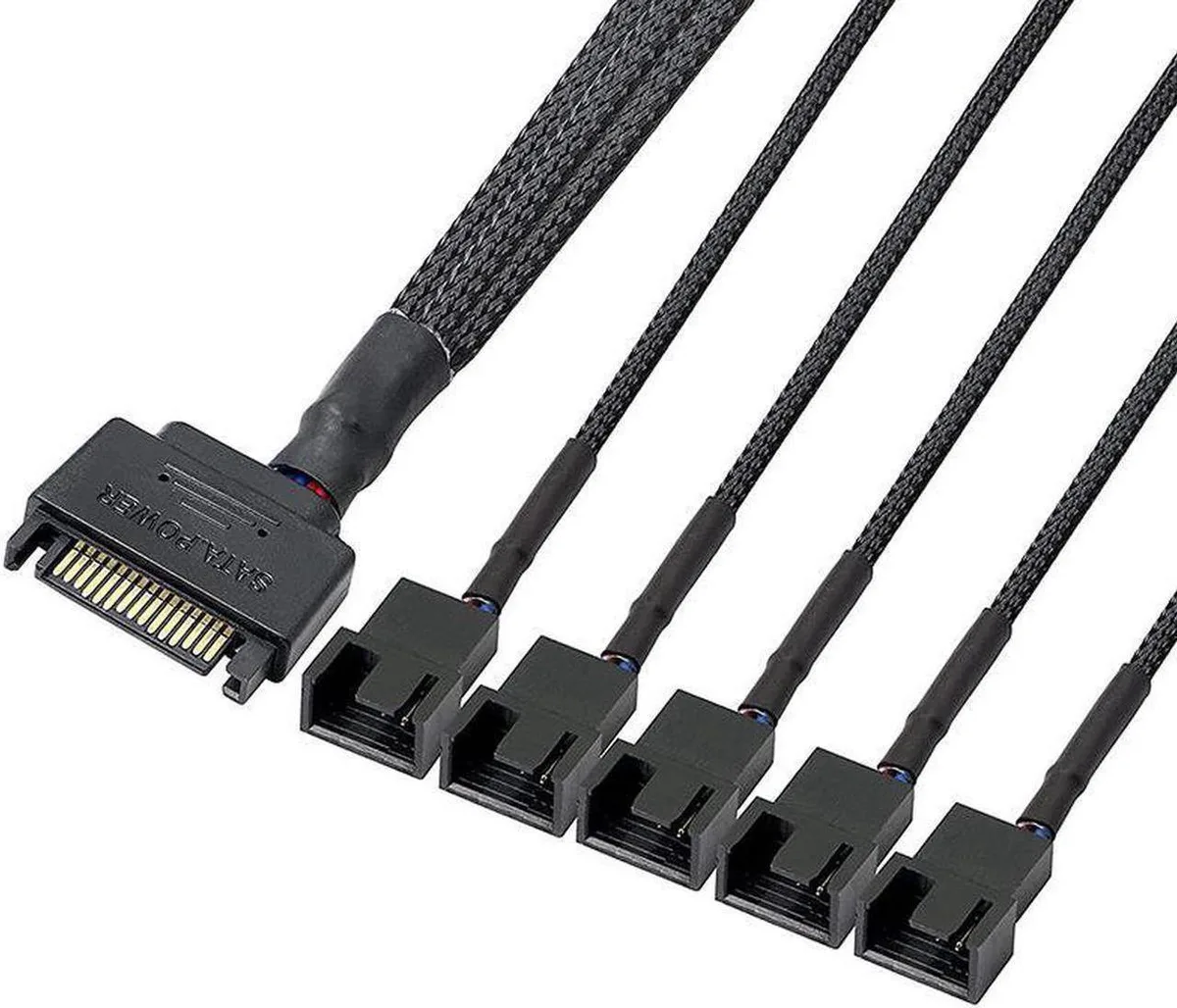Aomoproing Aomoproing SATA to 2x 3-pin / 4-pin fan sleeved power splitter cable 10 inch black — product photo