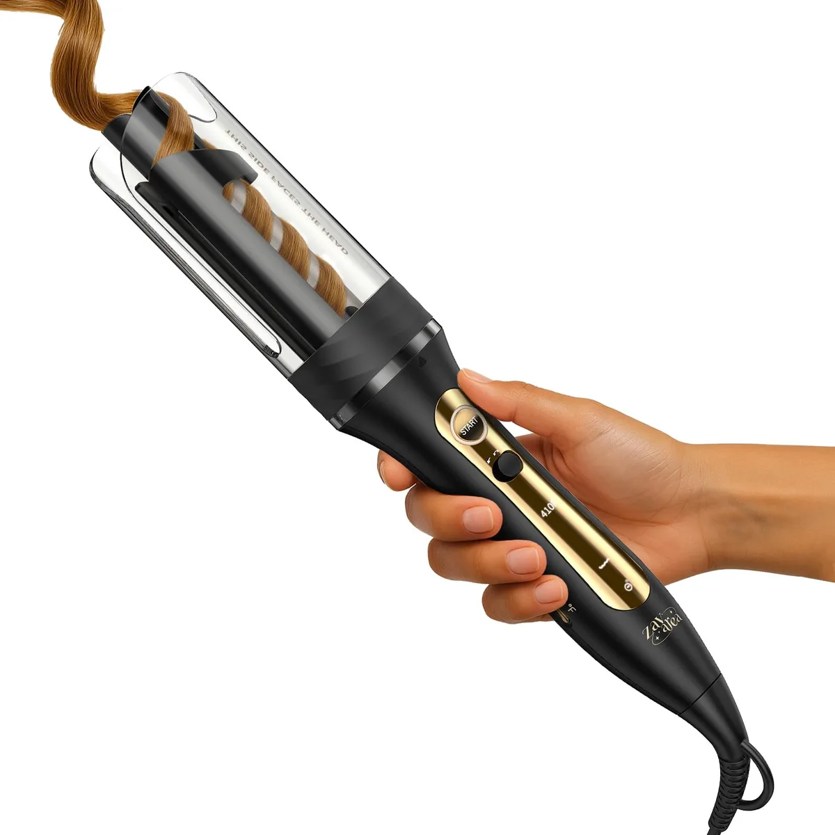 Black automatic curling iron with cylindrical barrel and control buttons