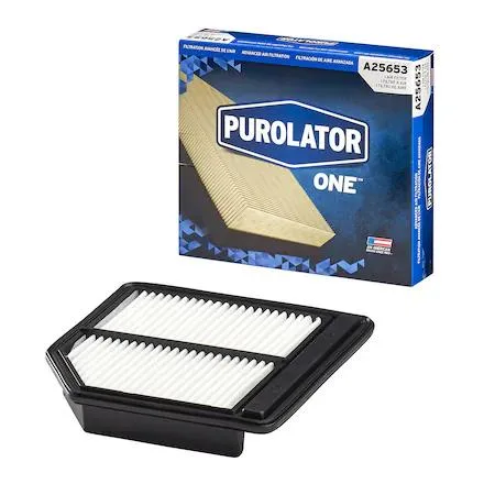 Rectangular white pleated paper air filter with black rubber seal and model number A25653