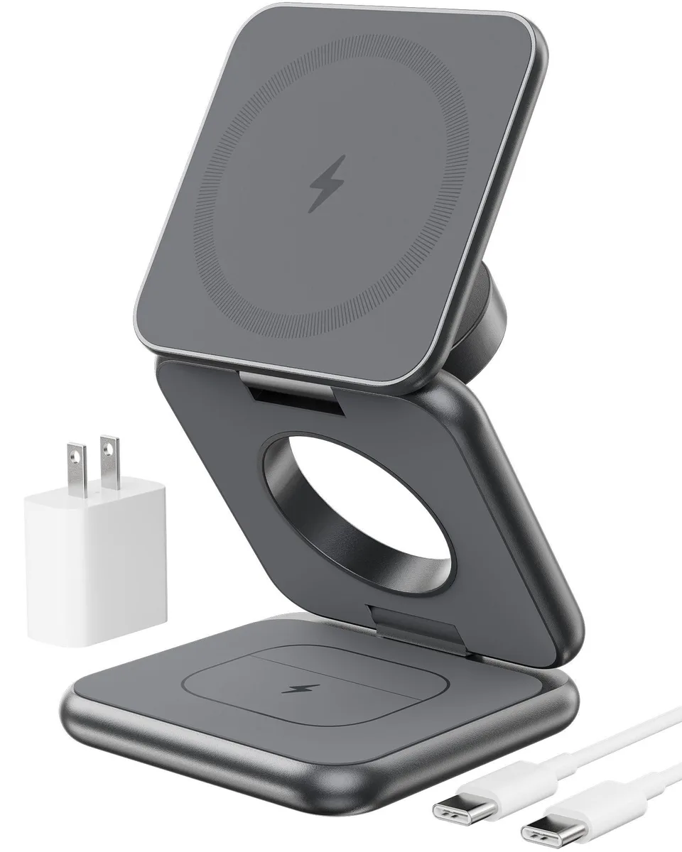 Gray aluminum foldable 3-in-1 wireless charging stand with magnetic phone pad