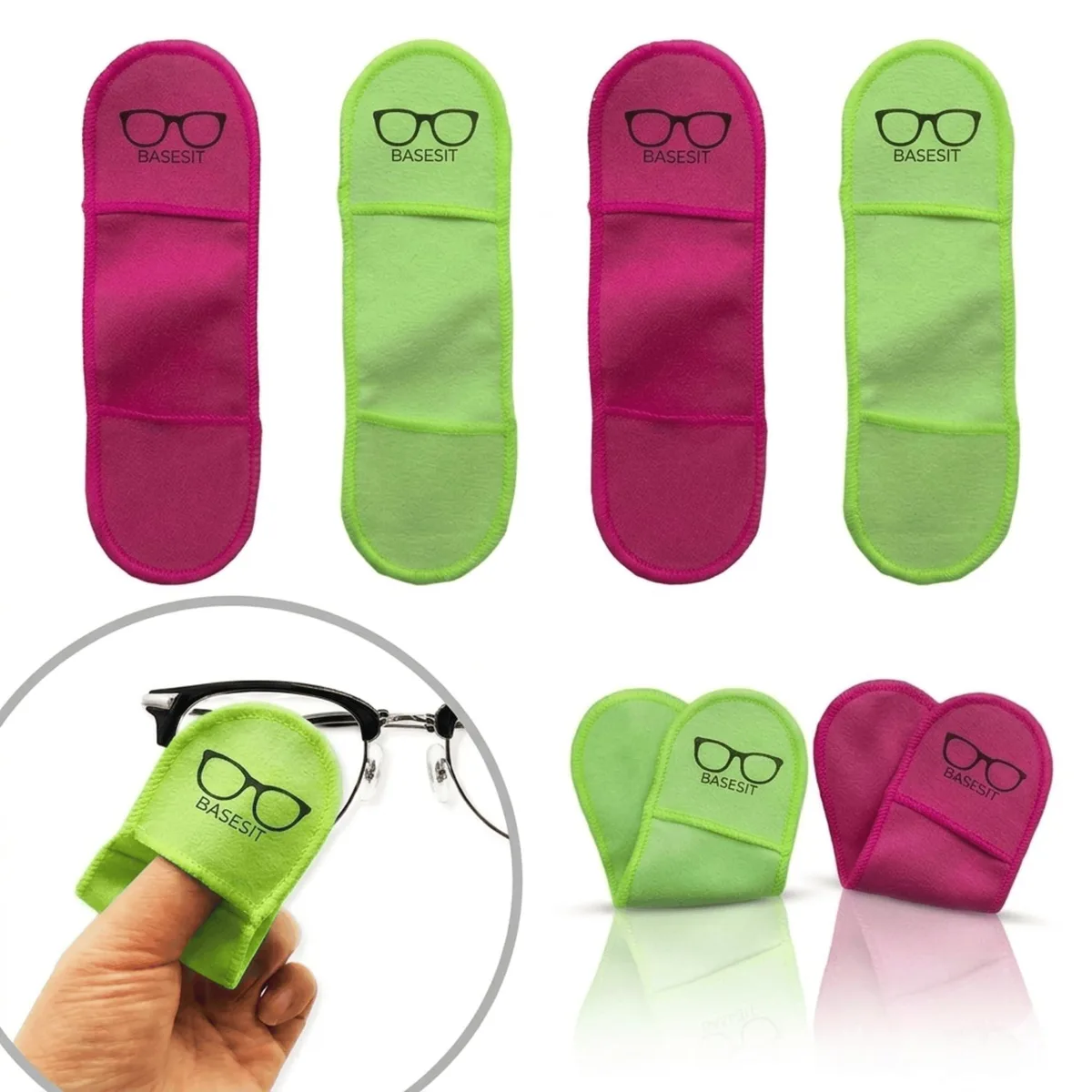 Four small microfiber cleaning cloths in rose and green with finger-loop design