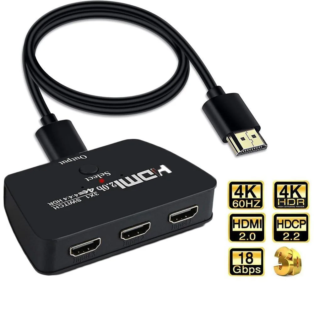 WRIARICH WRIARICH OZQ6 3-Port HDMI Switch 4K 60Hz HDMI 2.0 Selector Box HDCP 2.2 HDR10 3D 18Gbps with 3.9FT Cable — product photo