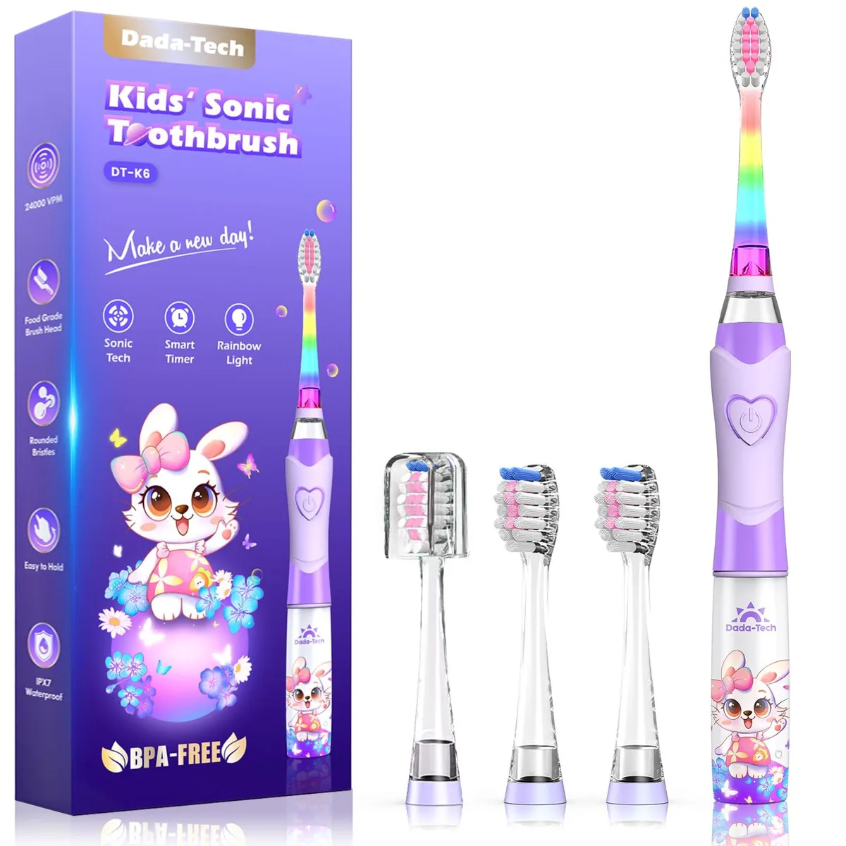 Purple sonic toothbrush with rabbit motif, soft bristles, LED light, battery powered