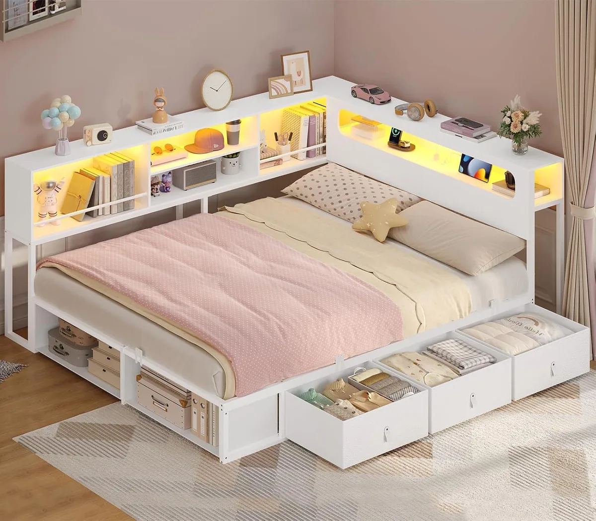 BFKK BFKK Full Size Corner Bed Frame White RGB Charging Station 3 Drawers 2 Cubbies — product photo