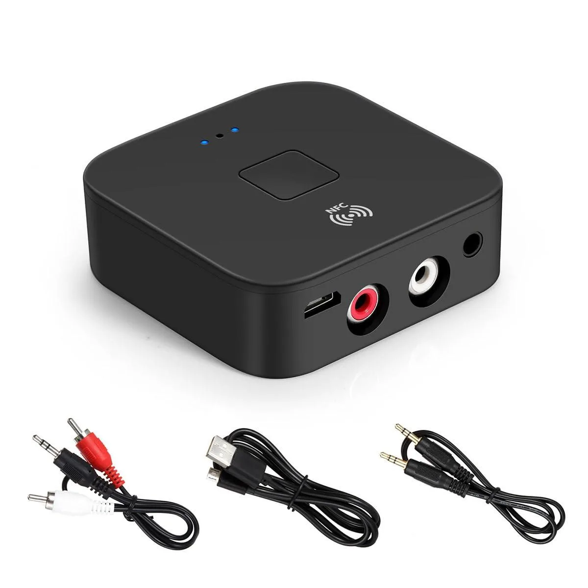 Compact black Bluetooth receiver with RCA and 3.5mm ports, NFC tag area visible