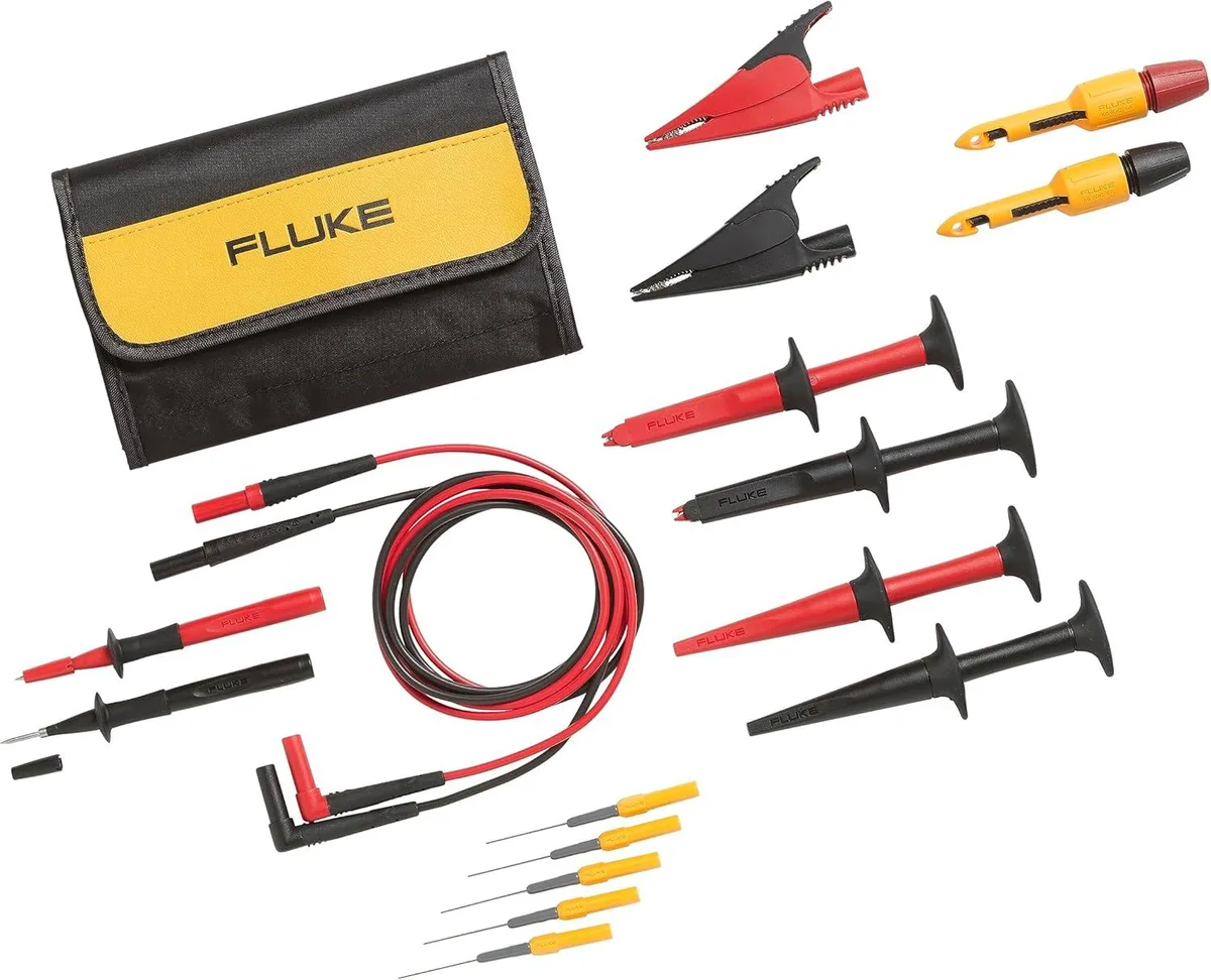 Open black soft case showing silicone test leads, probes, clips, back-probe pins and piercing clips