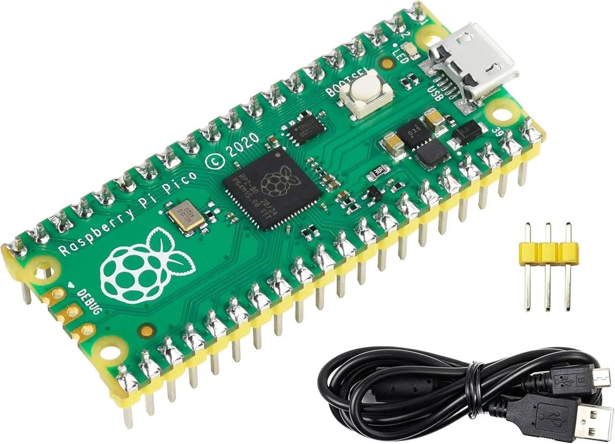 Green rectangular circuit board with gold pins along both edges and a micro USB port on one end