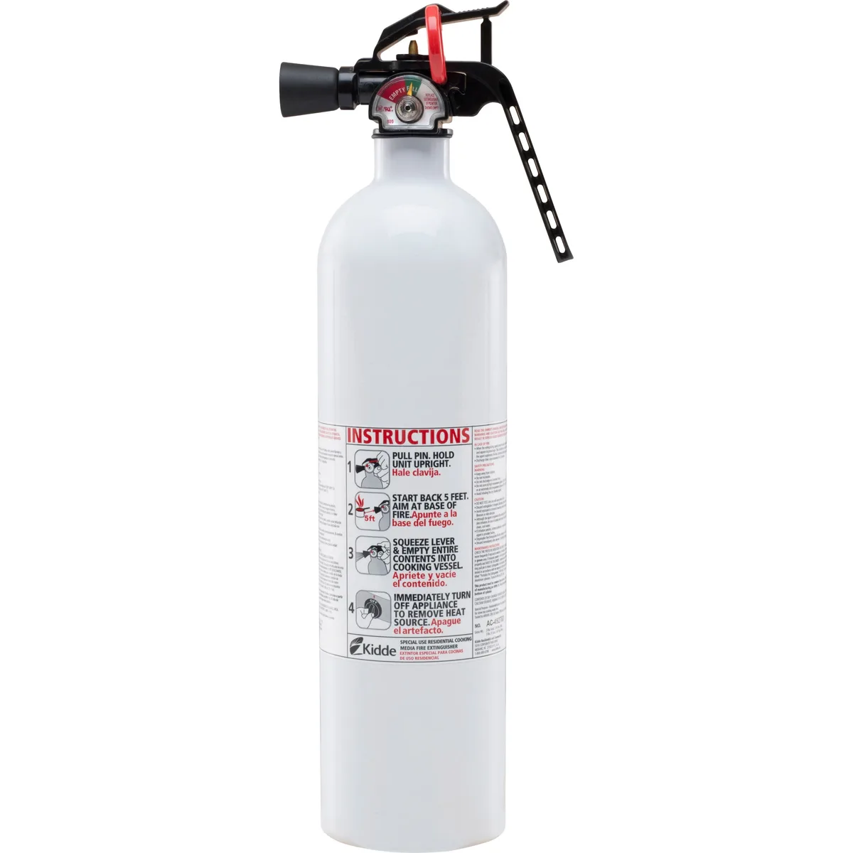 White cylindrical fire extinguisher with pressure gauge, safety pin and wall hanger