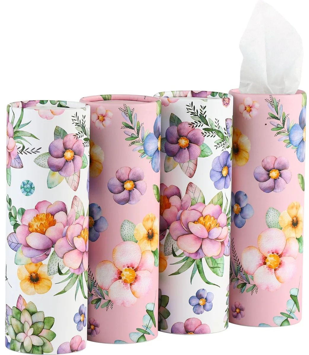 Pink cylindrical tissue holder with cap, four pack, fits cup holders