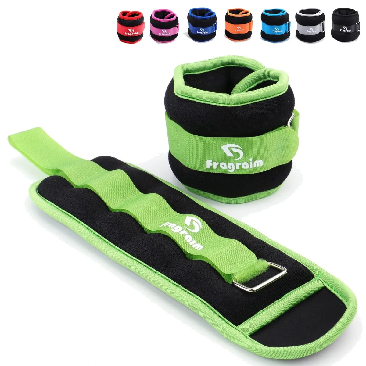 Pair of green neoprene ankle weights with adjustable hook-and-loop straps, each 1 lb