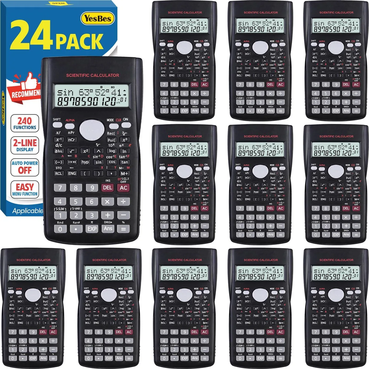 Bulk pack of 24 scientific calculators with 2-line displays and sliding covers