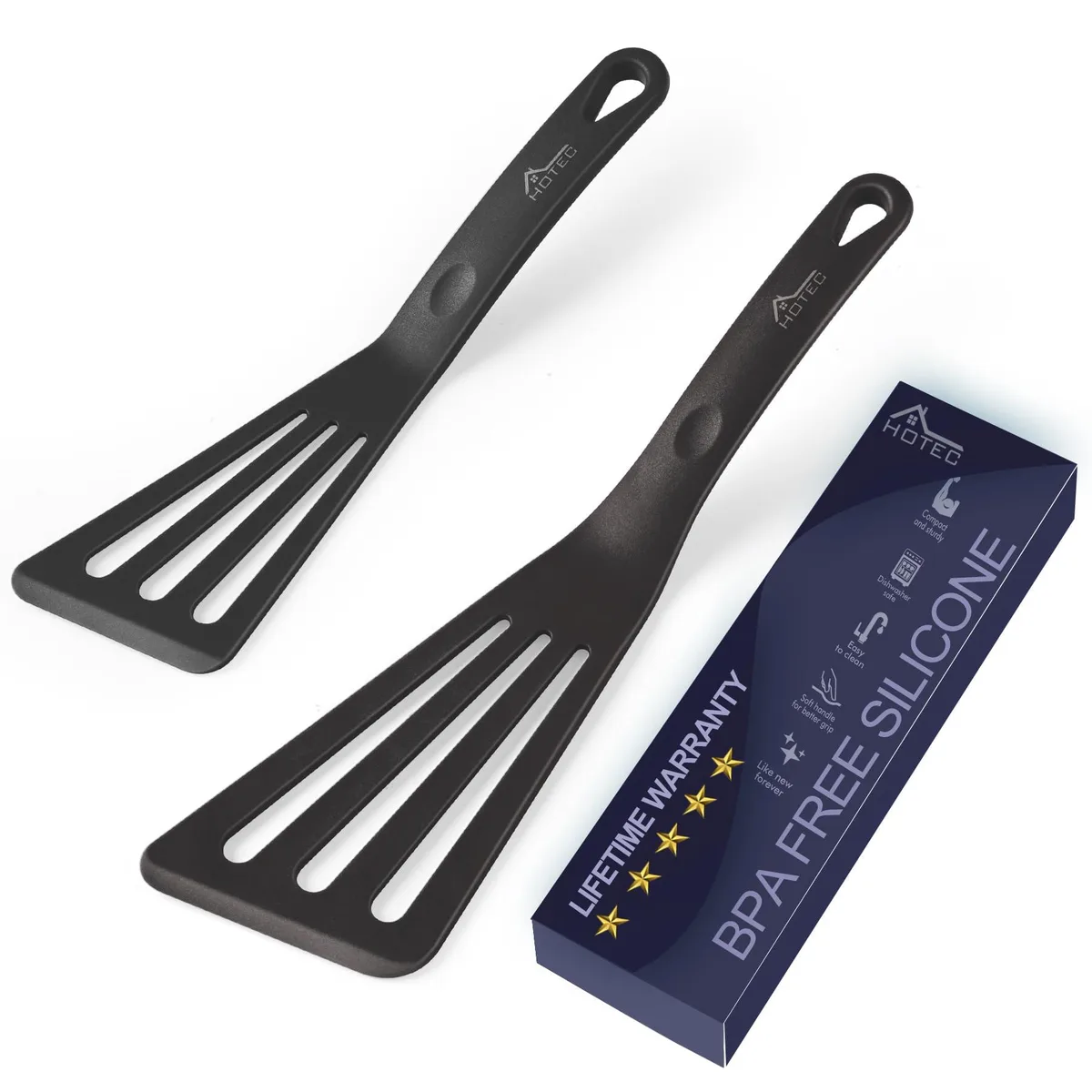 Two silver silicone slotted fish turners, 12 and 10 inch, black handles