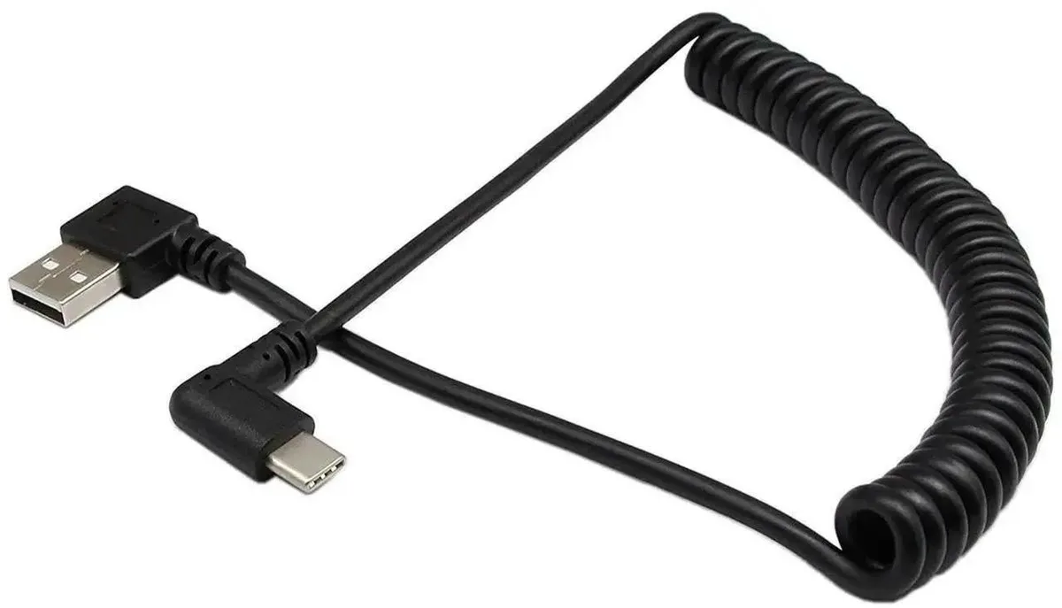 Coiled USB-A to right-angle USB-C cable, 1.2 m