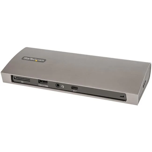 Compact silver Thunderbolt 4 docking station with front host port and multiple rear ports