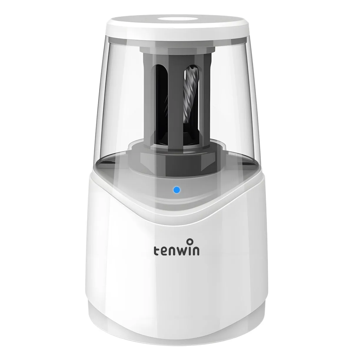 White cylindrical rechargeable pencil sharpener with transparent shavings bin, USB cable included