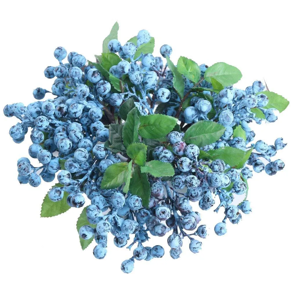 Six artificial blueberry stems with foam fruit and silk leaves on wired plastic stems