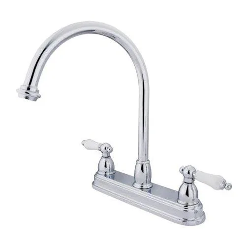 Polished chrome centerset kitchen faucet with curved spout and brass construction