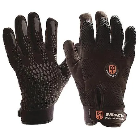 Pair of black medium anti-vibration gloves with synthetic leather palms, mesh nylon backs and hook-and-loop cuffs