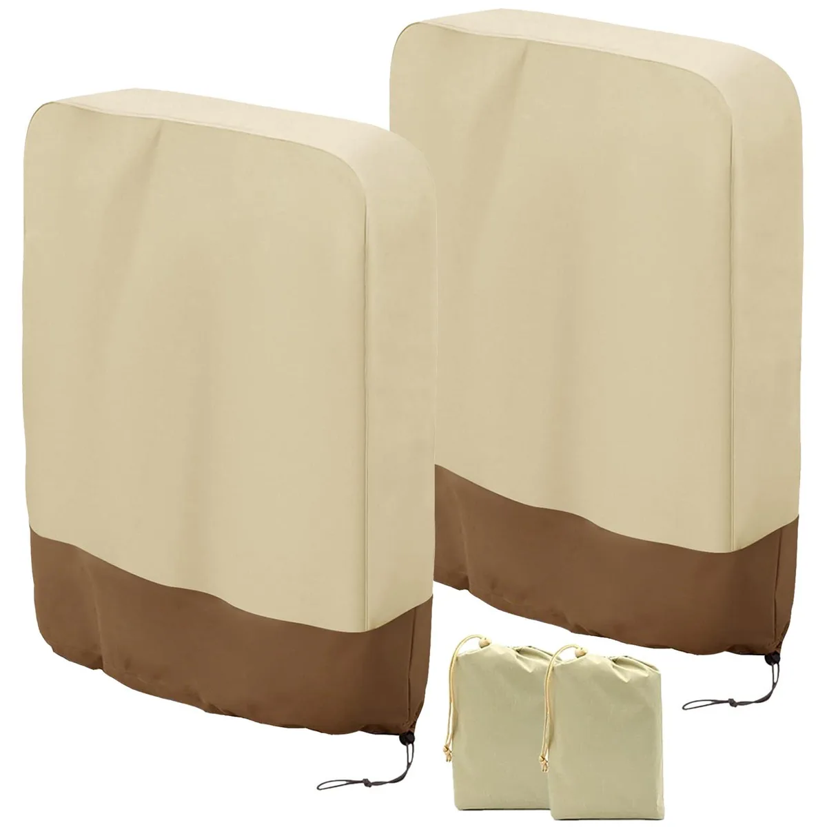 Two beige folded zero gravity chair covers with storage bags, 190T polyester fabric, waterproof UV-resistant finish