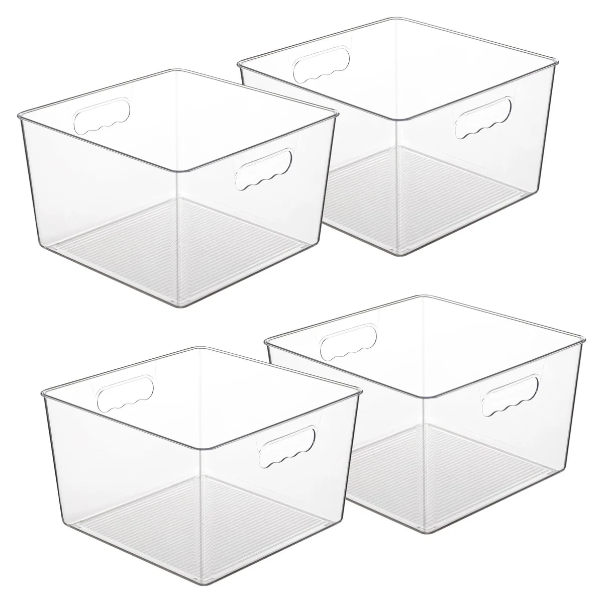 Four clear square plastic bins with built-in handles