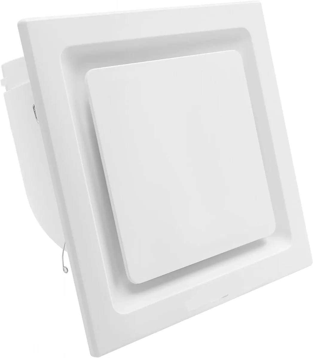 Square white ceiling-mounted bathroom exhaust fan with 4.0 inch duct connector