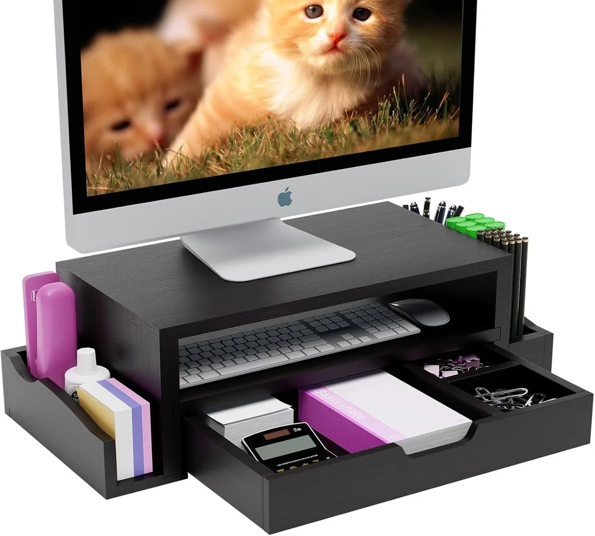 PISKEKAT PISKEKAT Monitor Stand Riser Desk Organizer Drawer Pen Holder Black — product photo