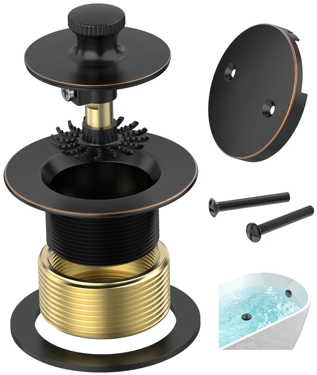 Oil-rubbed bronze lift-and-turn bathtub drain with hair catcher and two-hole overflow faceplate