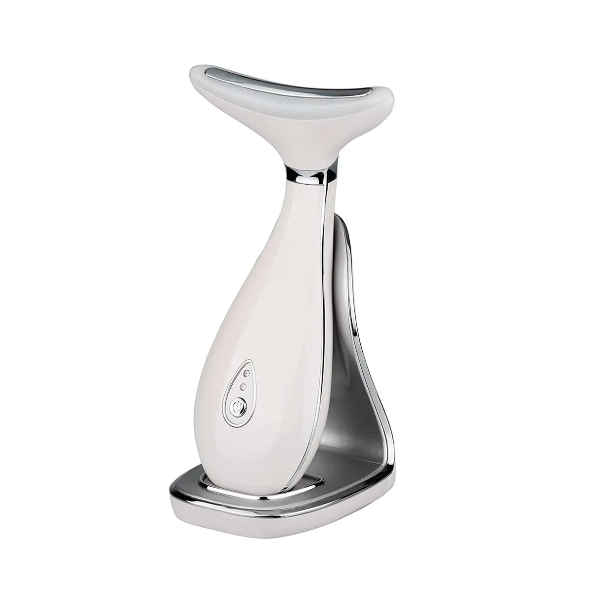Pearl white handheld face massager with curved ABS head and single button