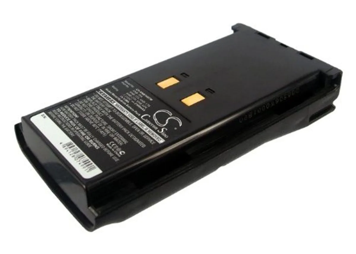Rectangular two-way radio battery with textured black plastic casing and metal contacts