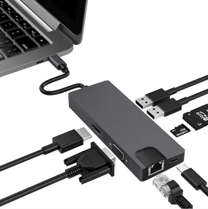 WRIARICH WRIARICH USB-C 8-in-1 hub HDMI 4K VGA Ethernet 2 USB 3.0 SD TF PD Grey — product photo