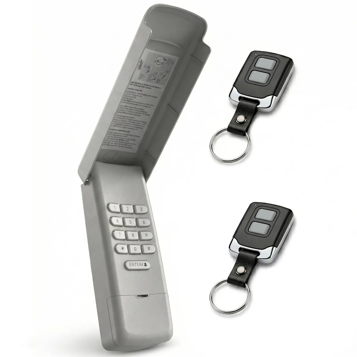 White rectangular keypad with flip cover and two small black keychain remotes